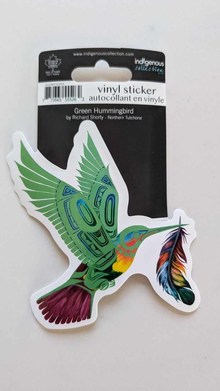 Green Hummingbird Large Vinyl sticker (4.5" x 4.5") by artist Richard Shorty indigenous art gift by Richard Shorty Canada