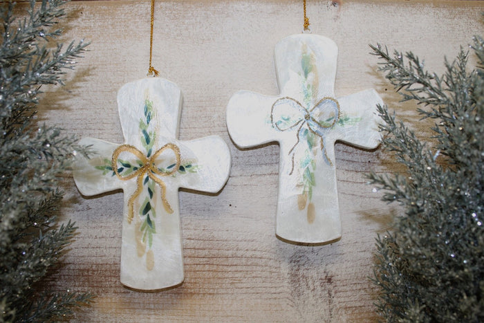 Handmade Capiz Cross with Bow Ornament