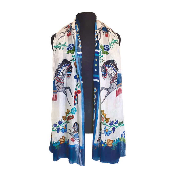 Horse (Gidagiza Mishtadim) by Emilie McKinney, Viscose Scarf indigenous art shawl by Emilie McKinney Canada
