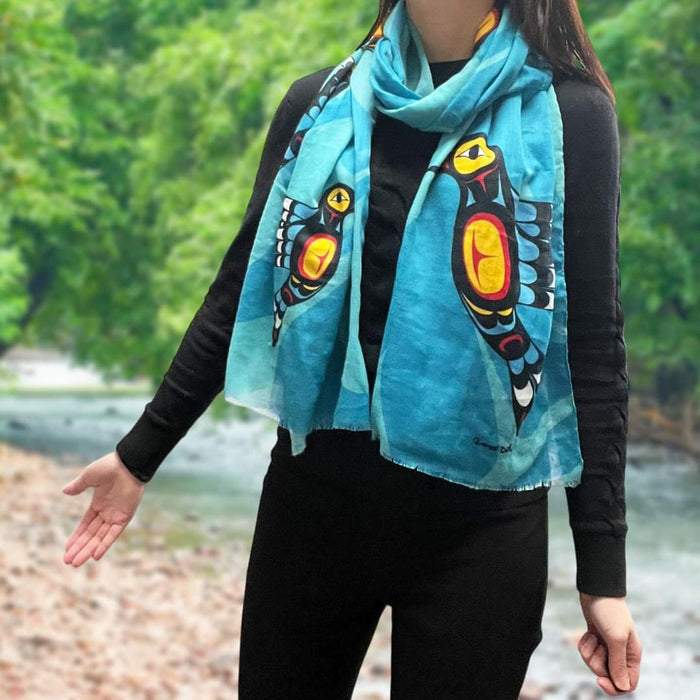 Hummingbird Eco Scarf, artwork by Native artist, Francis Dick indigenous art shawl by Francis Dick Canada