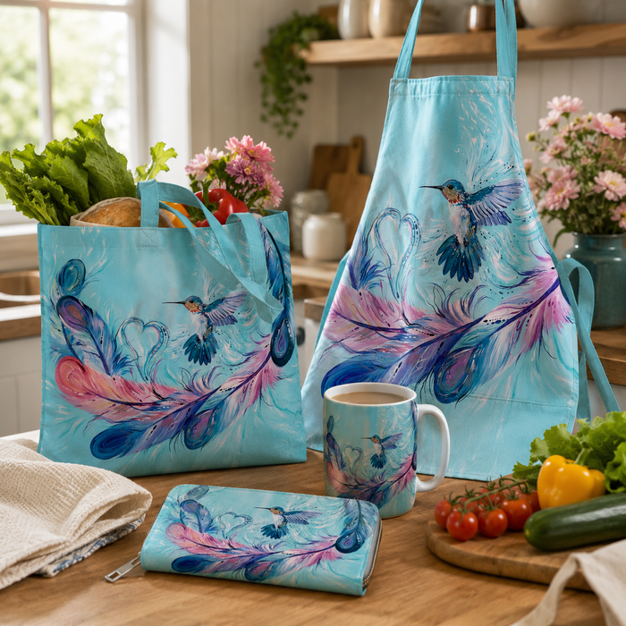 "Hummingbird Feathers"  Apron by Métis artist, Carla Joseph