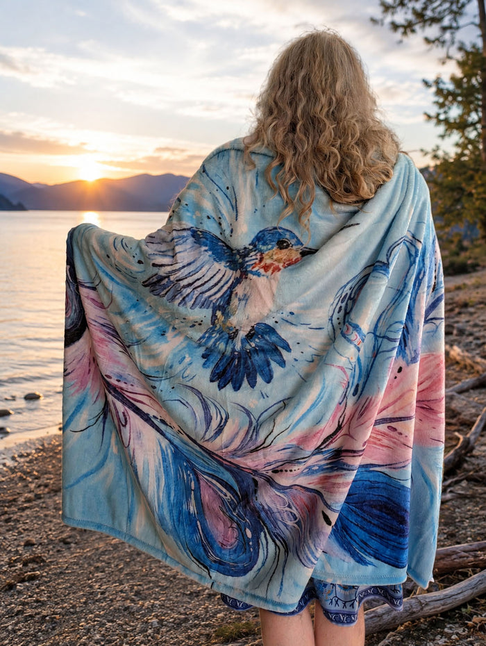 "Hummingbird Feathers" fleece blanket, artwork by Metis artist, Carla Joseph