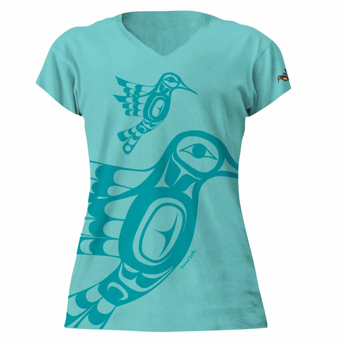 Hummingbird Women's Vneck Tshirt, design by Kwakwaka’wakw Artist Francis Dick indigenous art gift by Francis Dick Canada