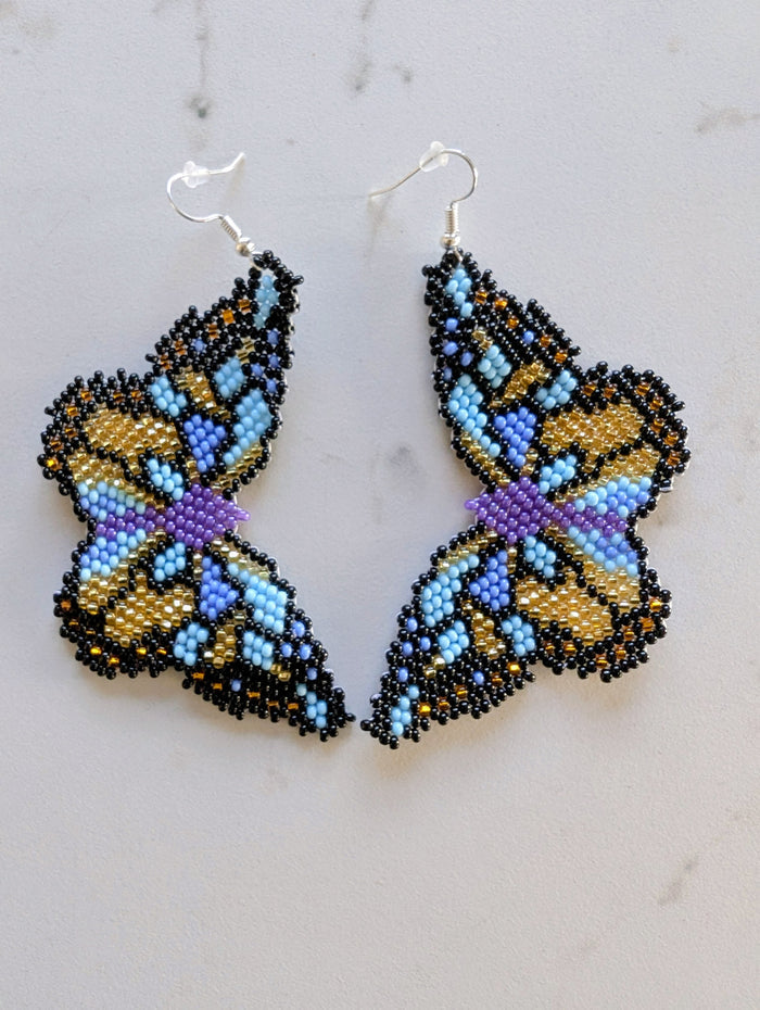Indigenous Artisan Blue Beaded Butterfly Earrings indigenous art gift by North of Fifty First Nations & Métis Art Boutique Canada