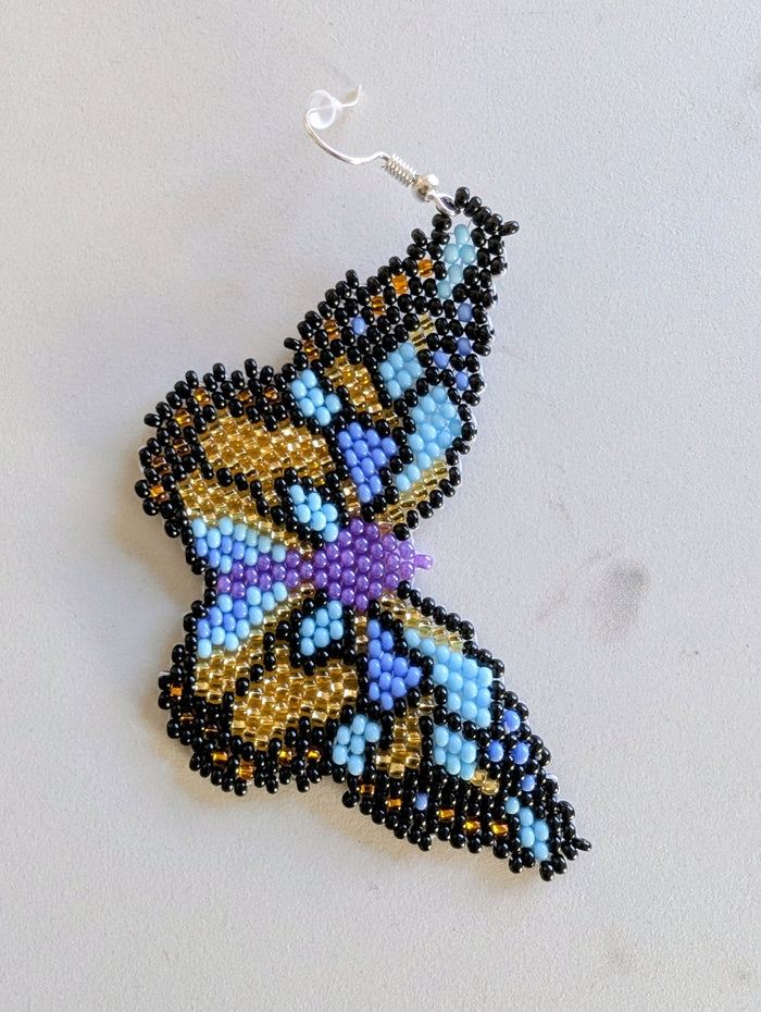 Indigenous Artisan Blue Beaded Butterfly Earrings indigenous art gift by North of Fifty First Nations & Métis Art Boutique Canada