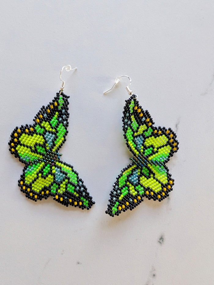 Indigenous Artisan Green Beaded Butterfly Earrings indigenous art gift by North of Fifty First Nations & Métis Art Boutique Canada