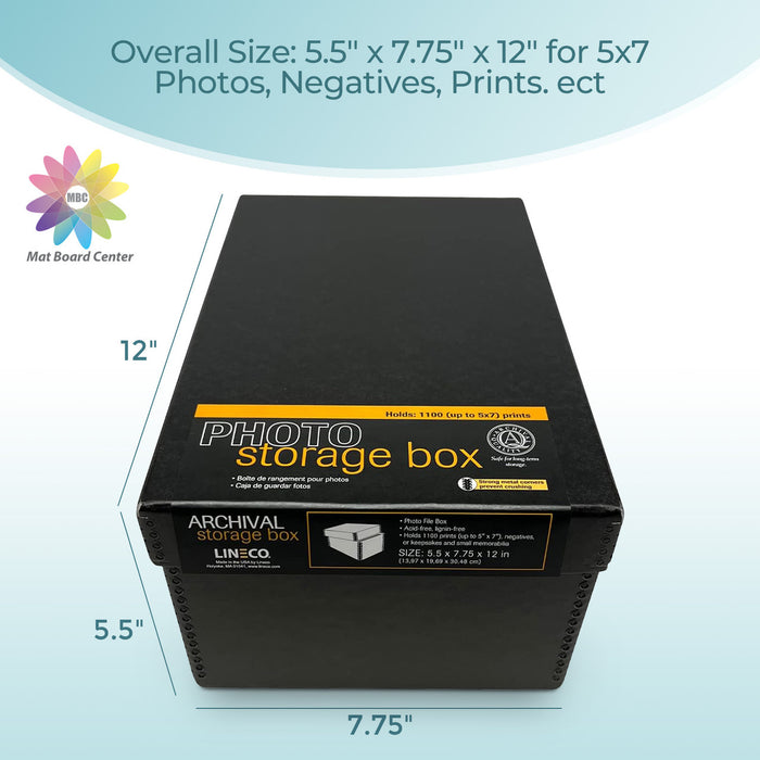 Lineco 12"x7.75"x5.5" Black Archival Photo Storage Box fits 5x7 Pictures Container with Removable Lid