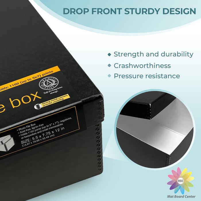 Lineco 12"x7.75"x5.5" Black Archival Photo Storage Box fits 5x7 Pictures Container with Removable Lid