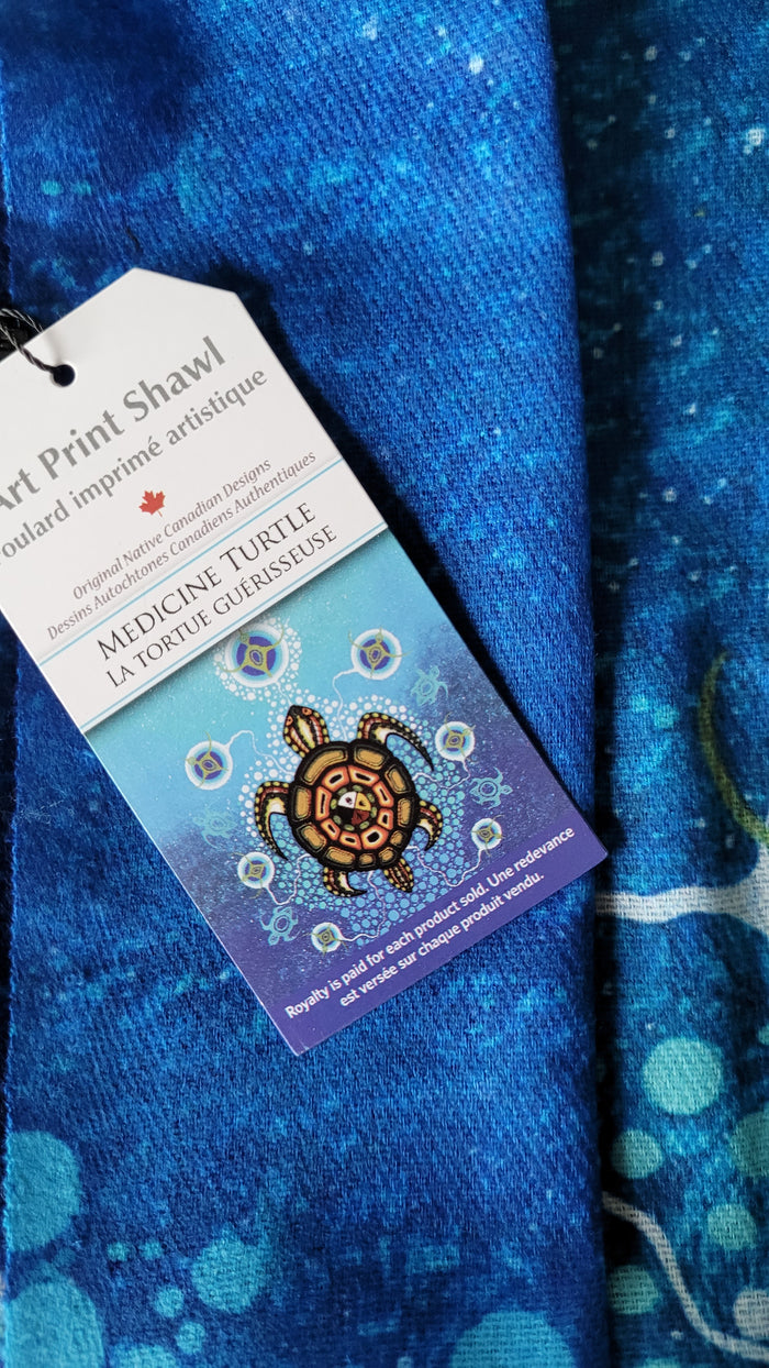 Medicine Turtle indigenous art shawl by James Jacko Canada