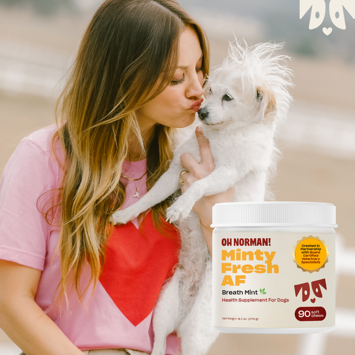Actress Kaley Cuoco kissing a small white dog with a jar of Oh Norman Minty Fresh AF breath mint supplement in the foreground
