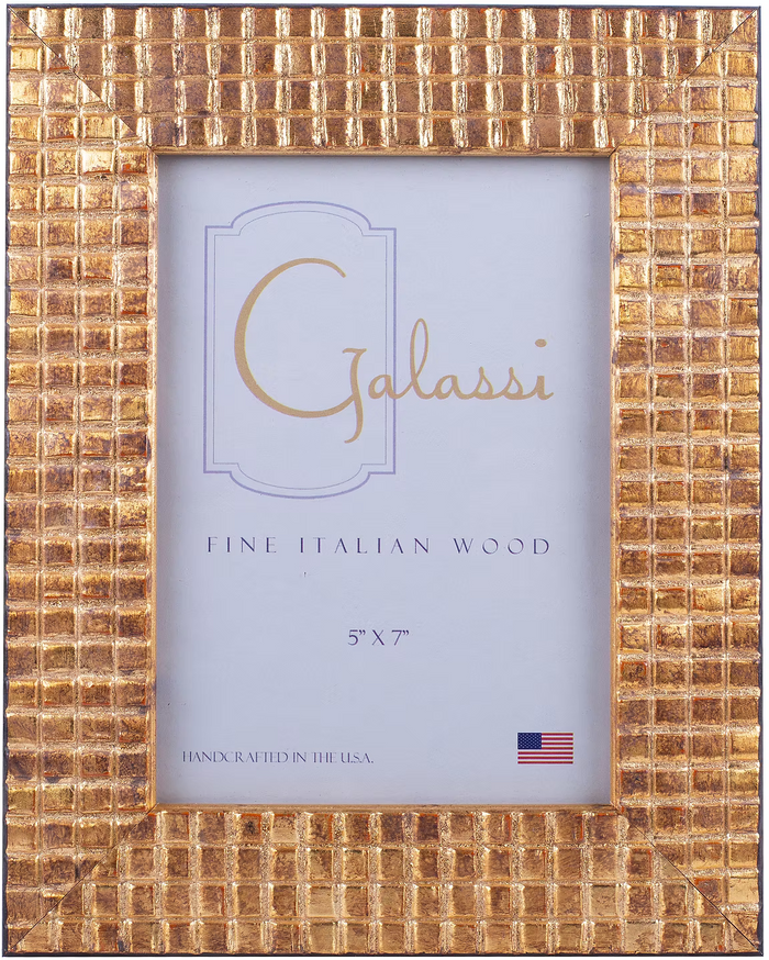 A 5x7 picture frame made of textured Italian wood with a gold-toned tiled border, holding a white Galassi insert.