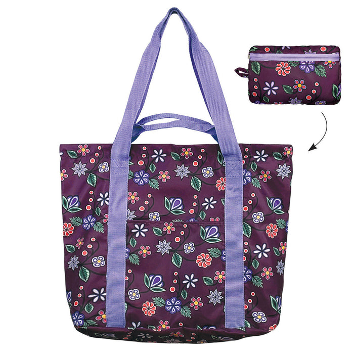 Packable Tote with Trolley Sleeve - Ojibwe Florals by Storm Angeconeb indigenous art gift by Storm Angeconeb Canada
