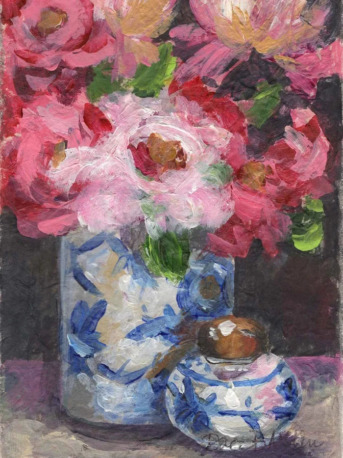 Still life painting of pink flowers in a blue and white vase with a small decorative object.