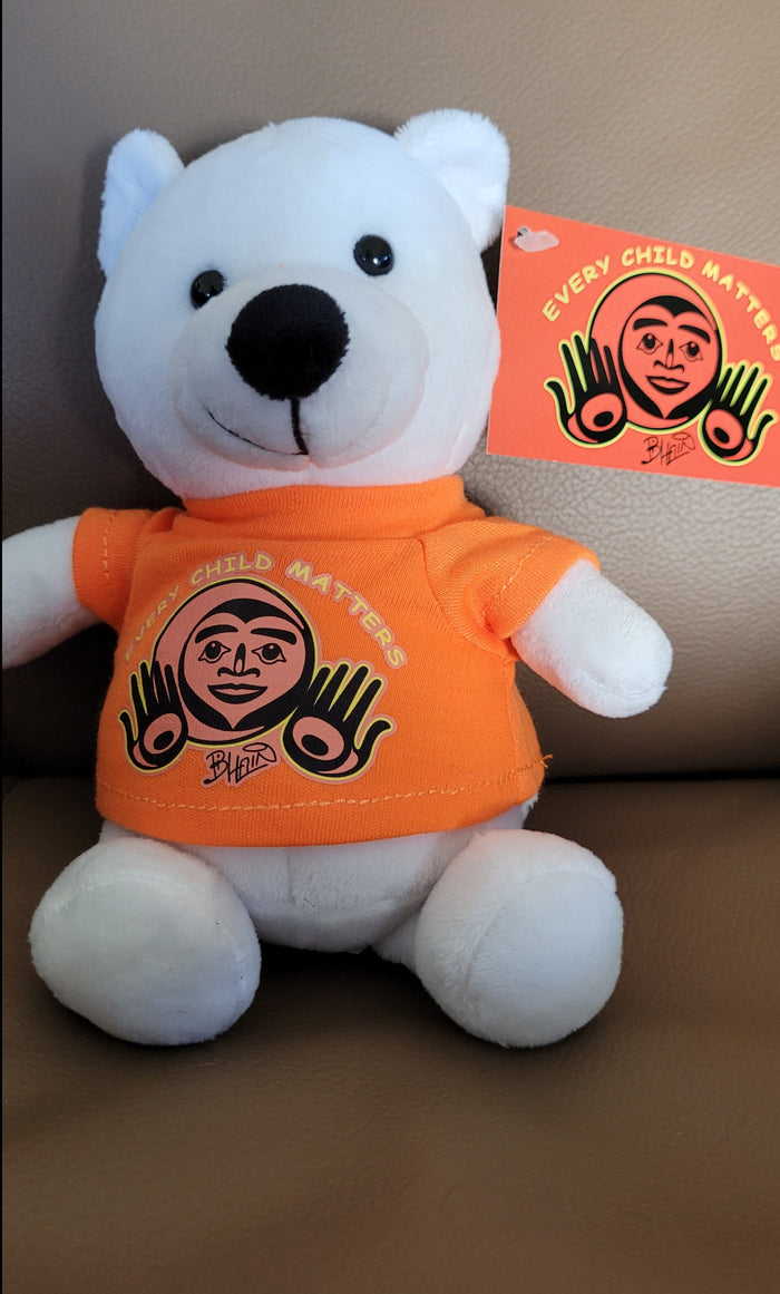 Powder Polar Bear 6" stuffie with Every Child Matters, Native artist Bill Helin design indigenous art gift by Bill Helin Canada