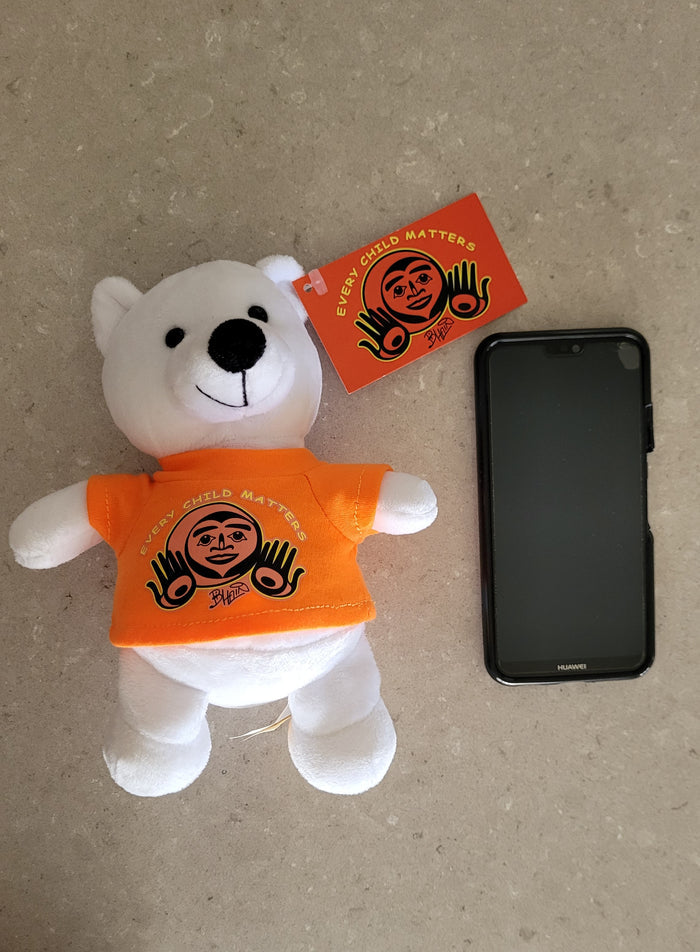 Powder Polar Bear 6" stuffie with Every Child Matters, Native artist Bill Helin design indigenous art gift by Bill Helin Canada
