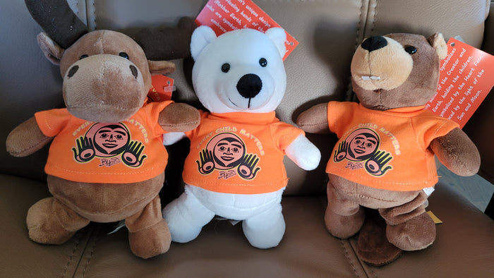 Powder Polar Bear 6" stuffie with Every Child Matters, Native artist Bill Helin design indigenous art gift by Bill Helin Canada