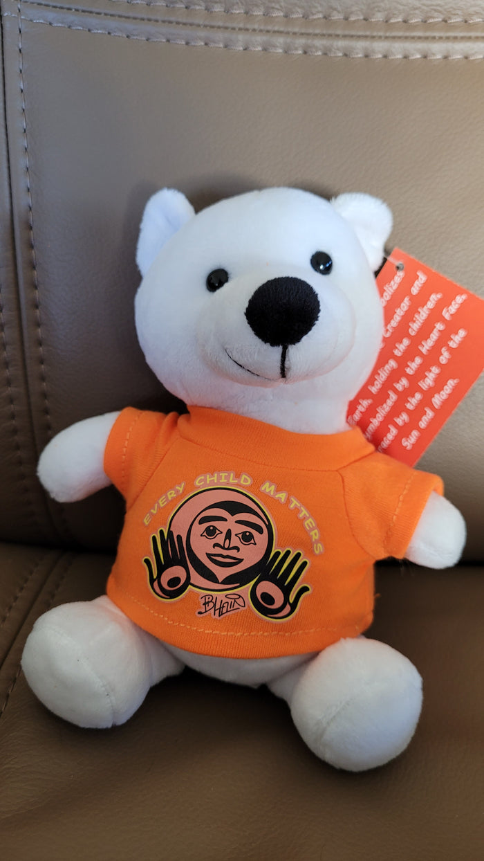 Powder Polar Bear 6" stuffie with Every Child Matters, Native artist Bill Helin design indigenous art gift by Bill Helin Canada