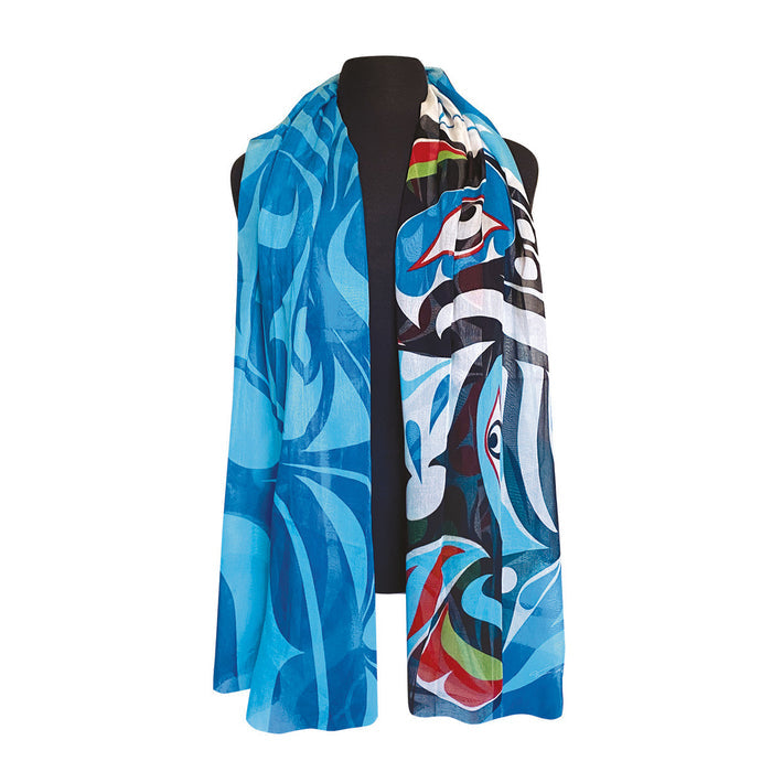 Raven and Killer Whale by Trevor Hunt (Tlalis), Viscose Scarf indigenous art shawl by Trevor Hunt (Tlalis) Canada