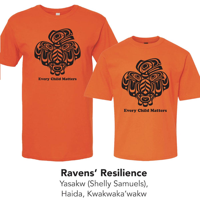Raven's Resilience, Every Child Matters T-shirt in Adult and Youth Sizes indigenous art gift by Shelly Samuels Canada