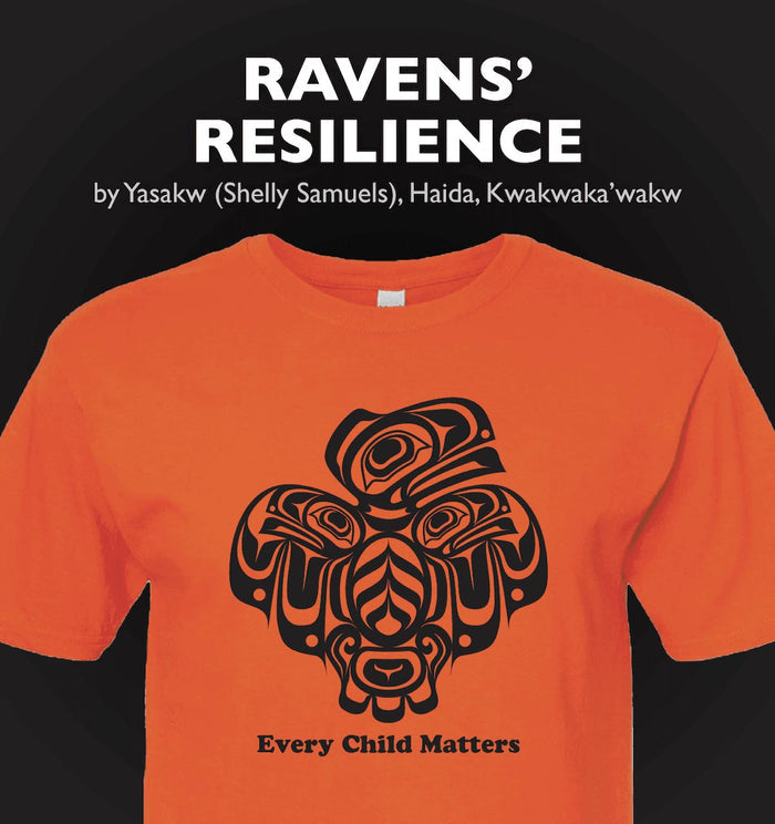 Raven's Resilience, Every Child Matters T-shirt in Adult and Youth Sizes indigenous art gift by Shelly Samuels Canada
