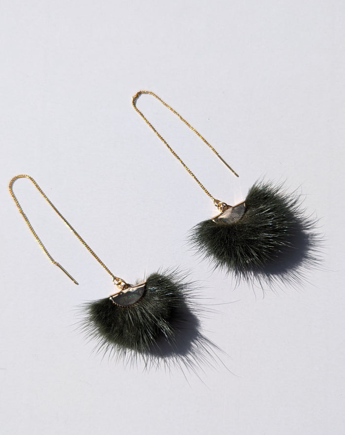 Real Mink Earrings by Namgis artist Jonathan Whonnock - dark green indigenous art gift by Johnathan Whonnock Canada