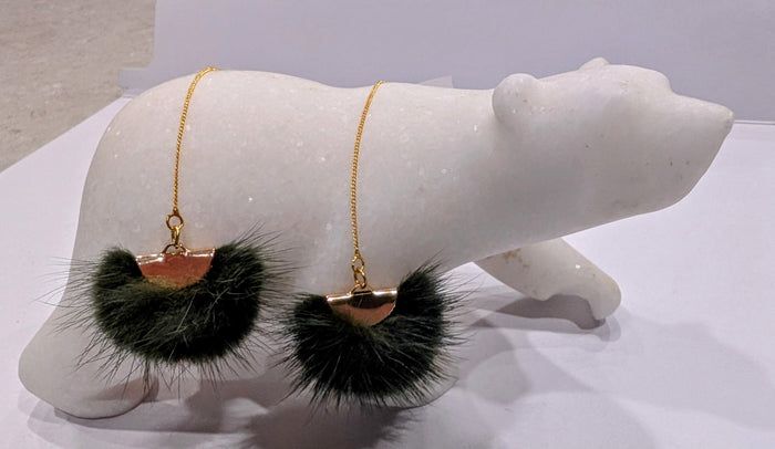 Real Mink Earrings by Namgis artist Jonathan Whonnock - dark green indigenous art gift by Johnathan Whonnock Canada