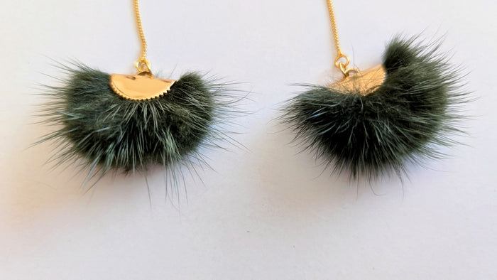 Real Mink Earrings by Namgis artist Jonathan Whonnock - dark green indigenous art gift by Johnathan Whonnock Canada