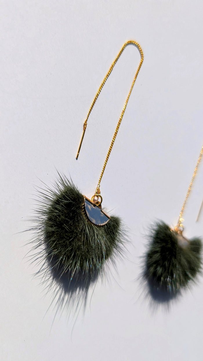 Real Mink Earrings by Namgis artist Jonathan Whonnock - dark green indigenous art gift by Johnathan Whonnock Canada