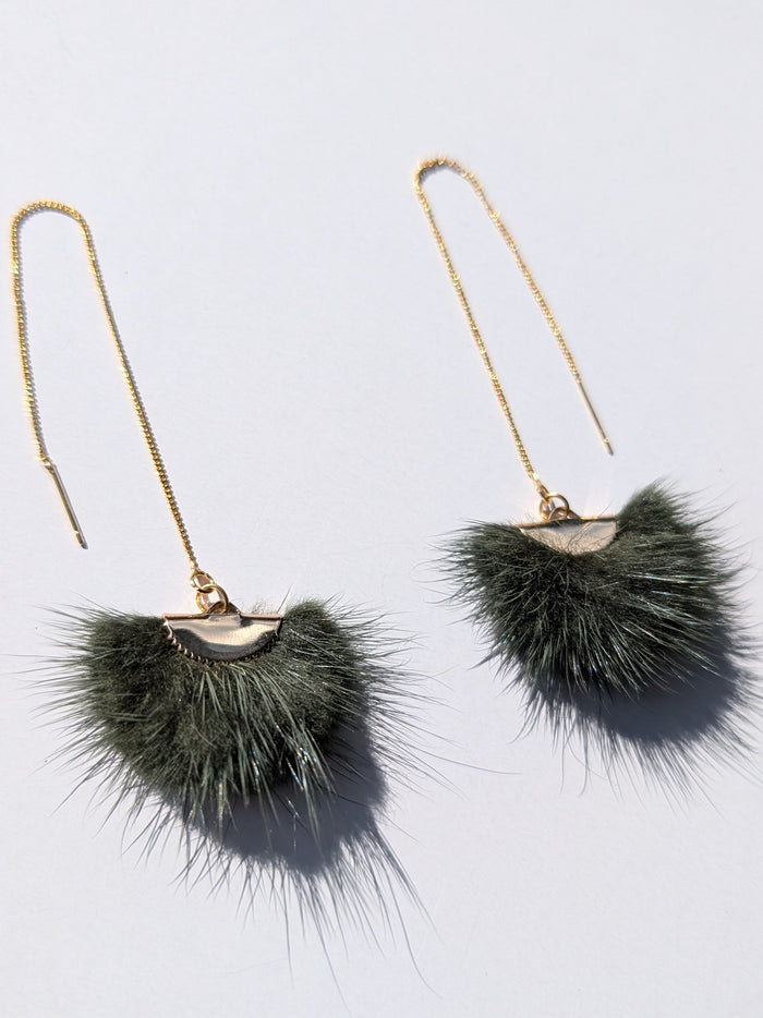 Real Mink Earrings by Namgis artist Jonathan Whonnock - dark green indigenous art gift by Johnathan Whonnock Canada