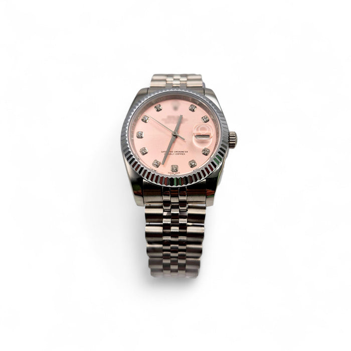 RLX DTJ - Silver Watch - Pink Dial (Diamonds Hour Markers)