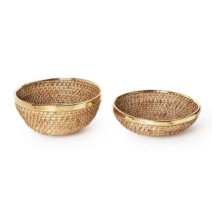 Round Hand Woven Rattan Bowl with Brass Rim Accent