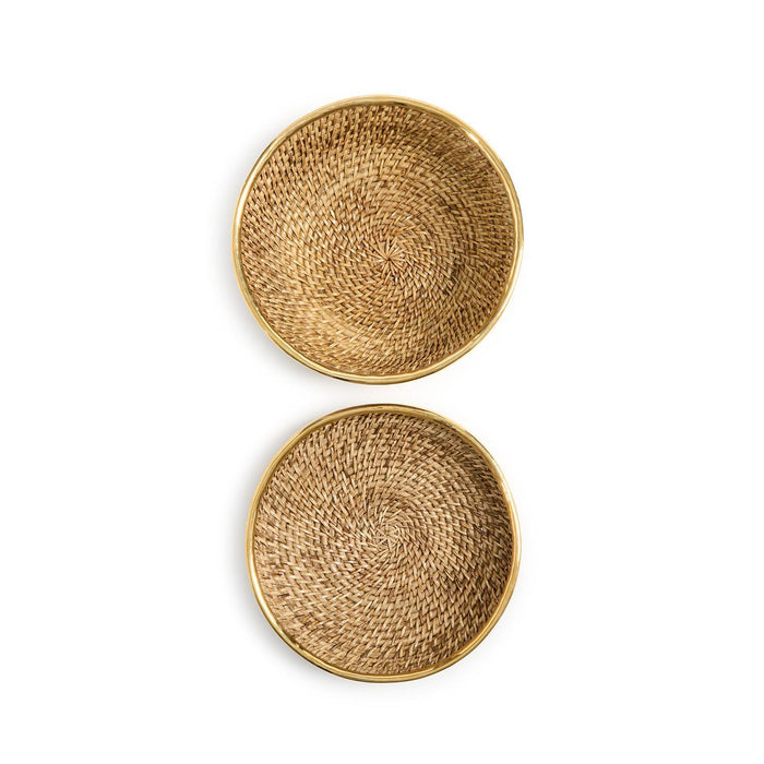 Round Hand Woven Rattan Bowl with Brass Rim Accent