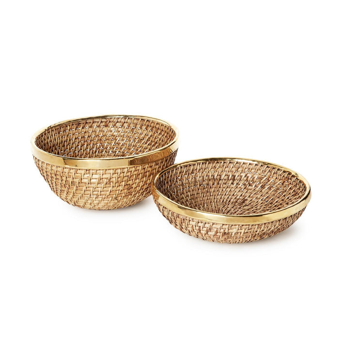 Round Hand Woven Rattan Bowl with Brass Rim Accent
