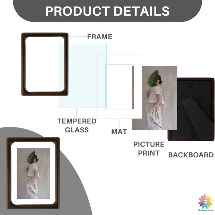 Rounded Corner 5x7 Wood Frame For 4x6 Photos With White Mat and Real Glass Brown (6 Pcs per Box)