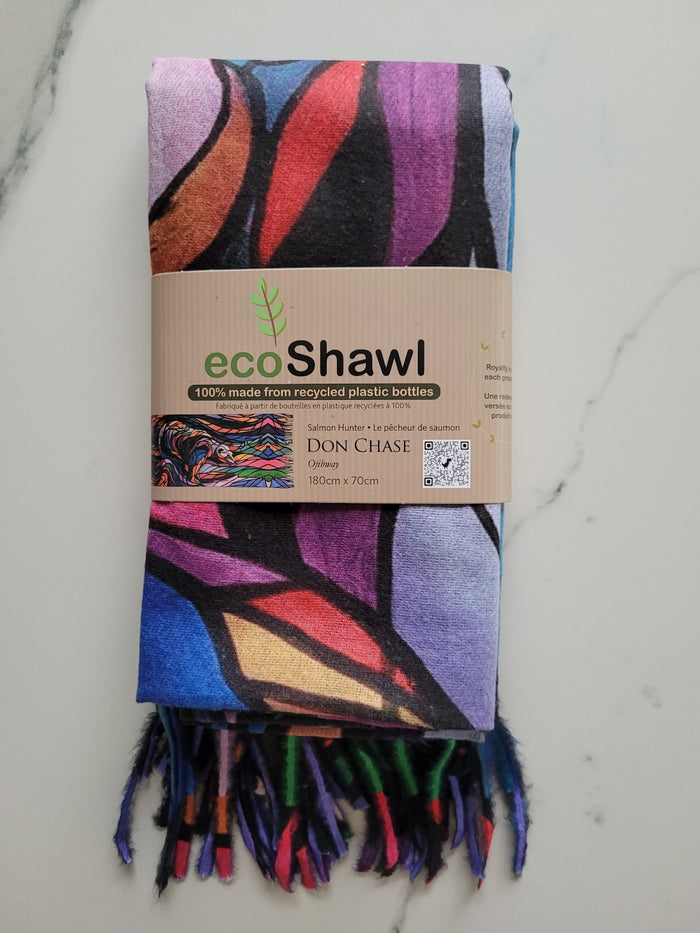 Salmon Hunter indigenous art shawl by Don Chase Canada
