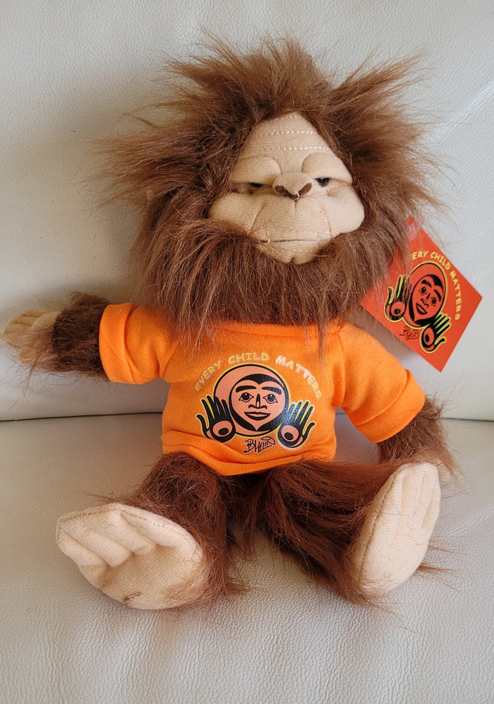 Skookum Sasquatch stuffie with Every Child Matters, Native artist Bill Helin design indigenous art gift by Bill Helin Canada