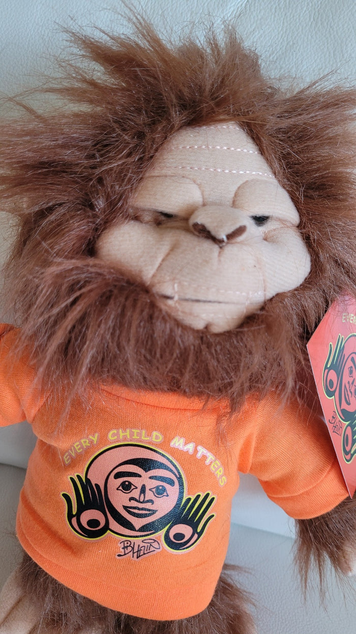 Skookum Sasquatch stuffie with Every Child Matters, Native artist Bill Helin design indigenous art gift by Bill Helin Canada