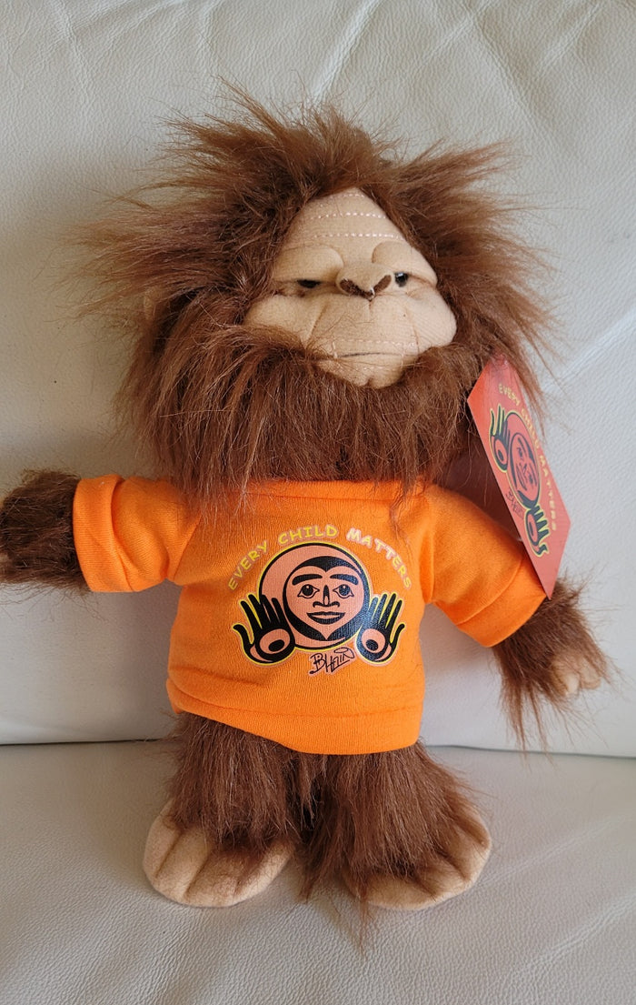 Skookum Sasquatch stuffie with Every Child Matters, Native artist Bill Helin design indigenous art gift by Bill Helin Canada