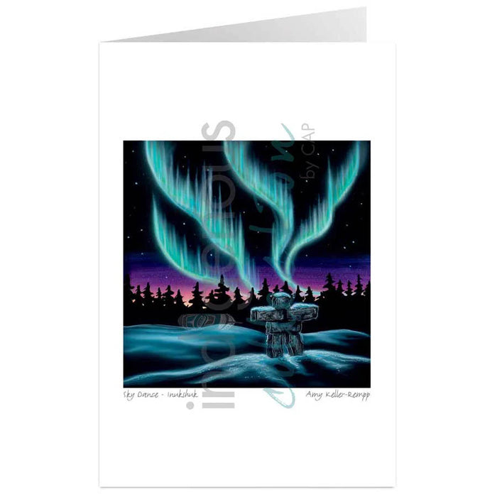 "Sky Dance - Inukshuk" Art Card - Aurora / Northern Lights, artwork by Metis artist Amy Keller-Rempp