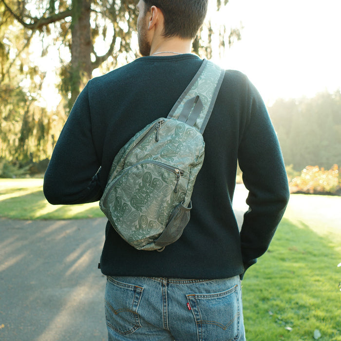 Sling Back Pack, Urban Wolf, Maynard Johnny Jr indigenous art gift by Maynard Johnny Jr Canada