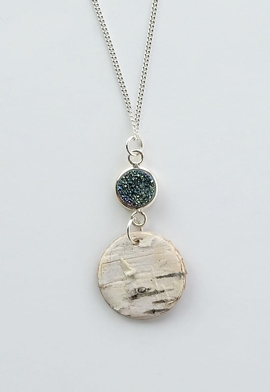 Sterling Silver Birch Bark necklace with teal druzy indigenous art gift by Monague Canada