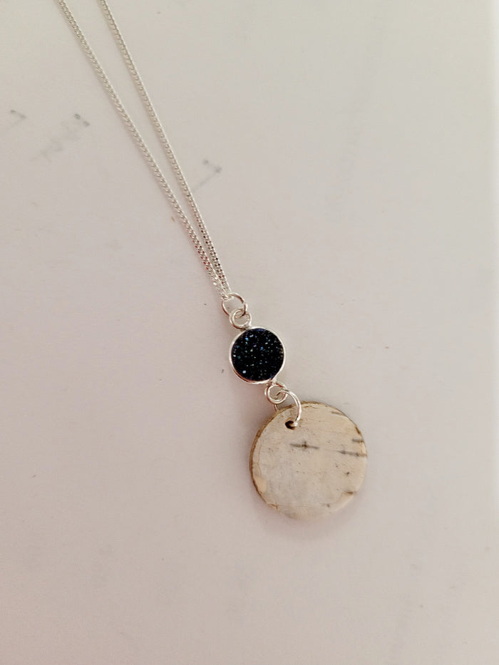 Sterling Silver Birch Bark necklace with teal druzy indigenous art gift by Monague Canada