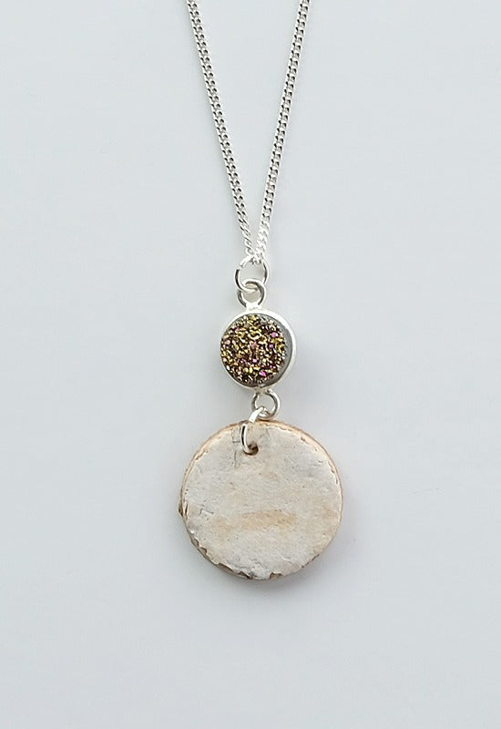 Sterling Silver Birch Bark necklace with violet druzy indigenous art gift by Monague Canada