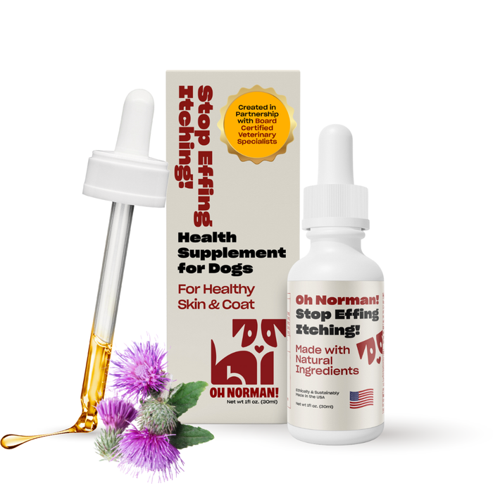 Front view of Oh Norman Stop Effing Itching! dog supplement bottle and box with dropper, thistle flowers, and oil droplet