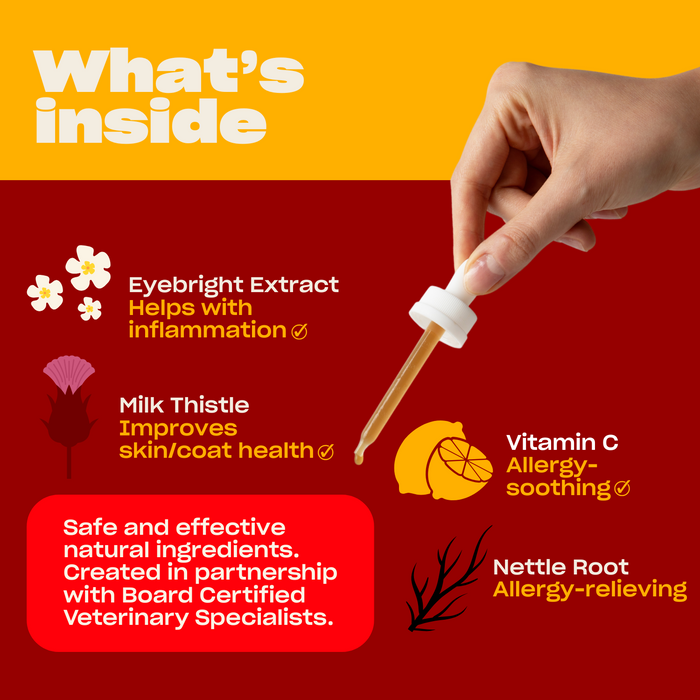 'What's inside' graphic: Eyebright, Milk Thistle, Vitamin C, Nettle Root, reduces inflammation, supports skin/coat, relieves allergies