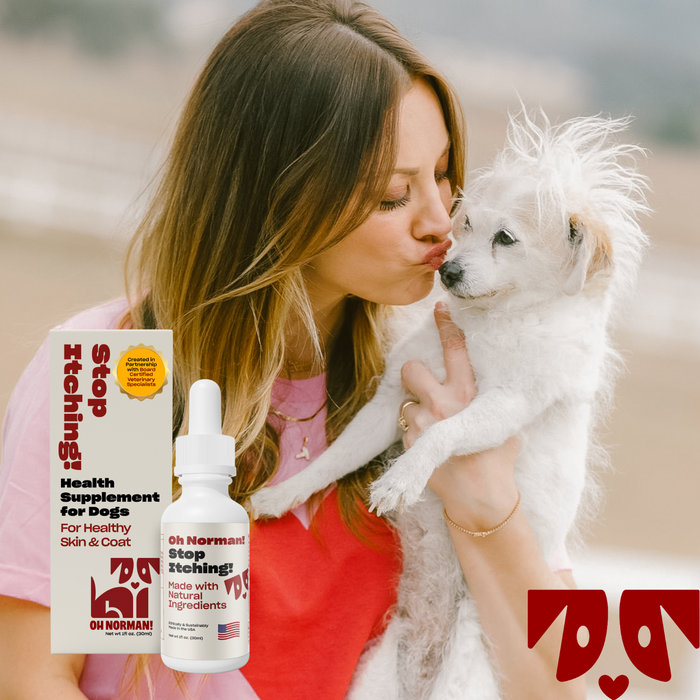 Kaley Cuoco holding a small white dog next to a bottle of Stop Effing Itching! supplement for dogs