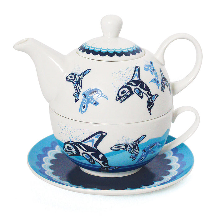 Tea for 1 set, "Orca Family"  by Indigenous Artist Paul Windsor indigenous art mug by Paul Windsor Canada