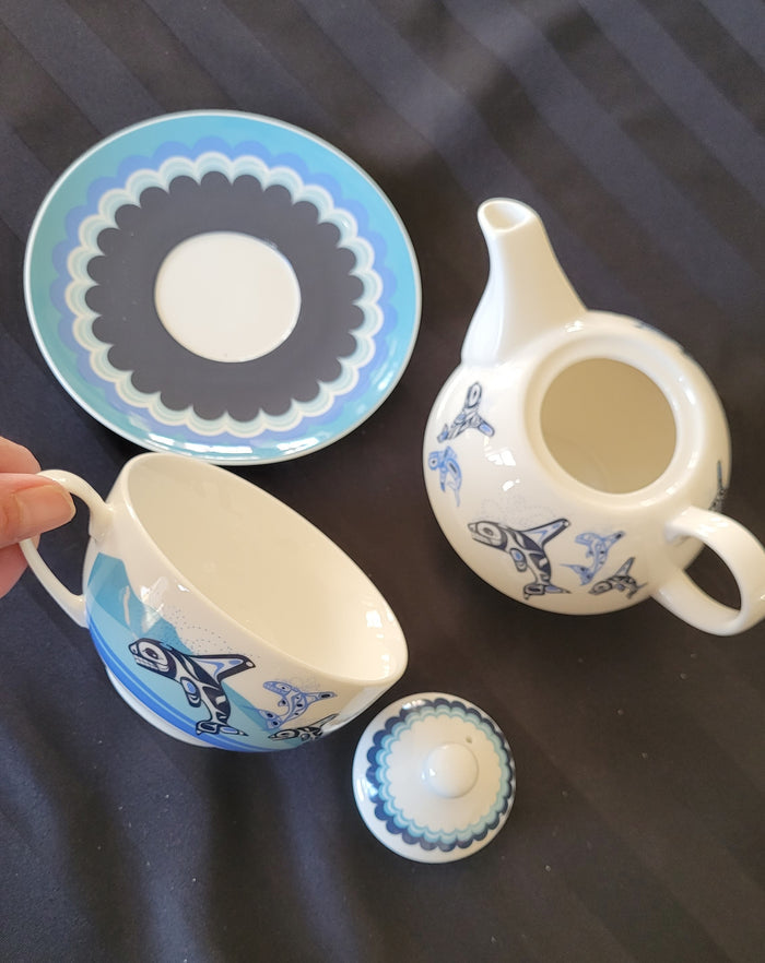 Tea for 1 set, "Orca Family"  by Indigenous Artist Paul Windsor indigenous art mug by Paul Windsor Canada
