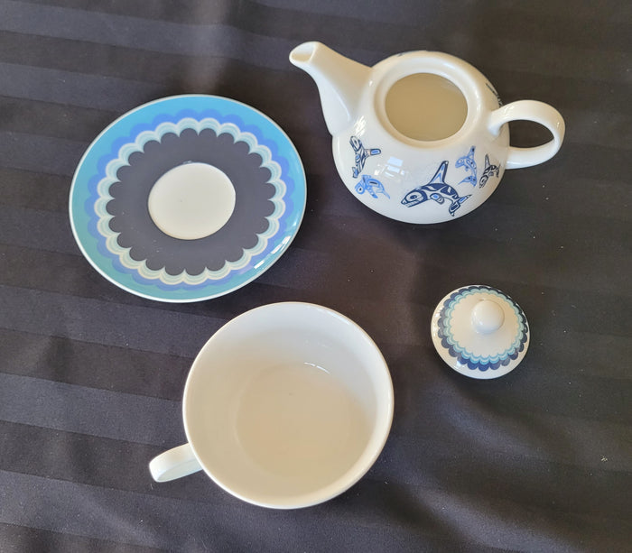 Tea for 1 set, "Orca Family"  by Indigenous Artist Paul Windsor indigenous art mug by Paul Windsor Canada