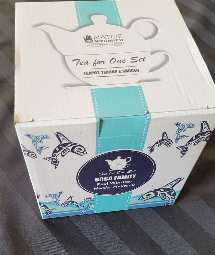 Tea for 1 set, "Orca Family"  by Indigenous Artist Paul Windsor indigenous art mug by Paul Windsor Canada